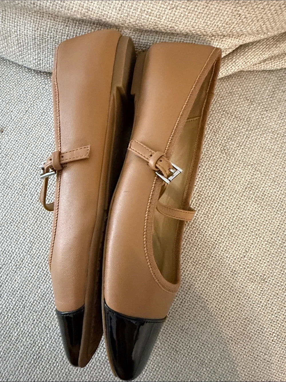 Michael Kors Tan Leather Mary Jane Flats with Black Patent Cap Toe